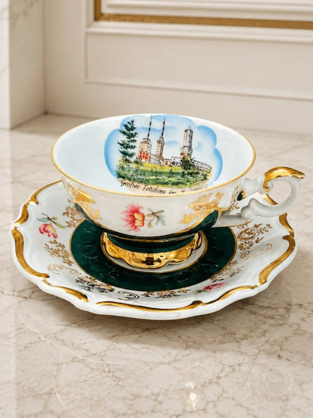 Vintage Bavaria Demitasse Emerald and Gold Hand Painted Teacup and Saucer Set